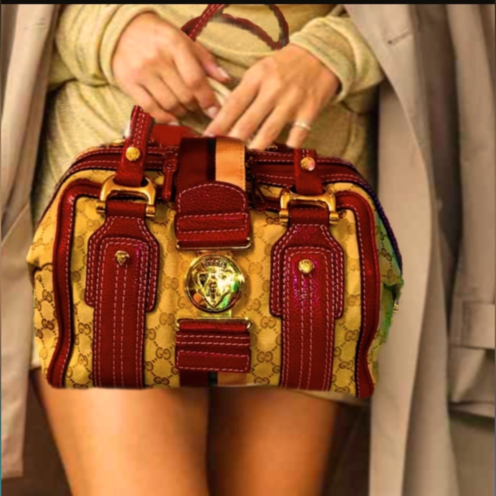 Classic Satchel Red Leather Trim & Beige Canvas